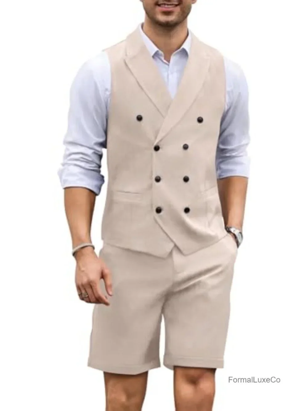Men's 2-Piece Slim Fit Summer Suit Set Shorts Tuxedo Vest Polyester